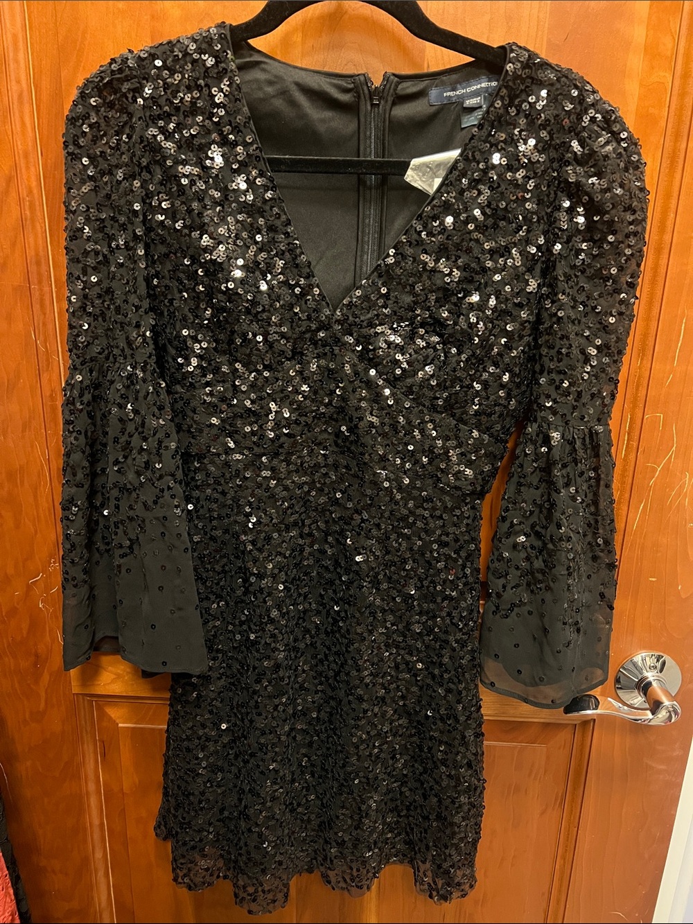 French Connection Black Sequin V-Neck Mini Dress